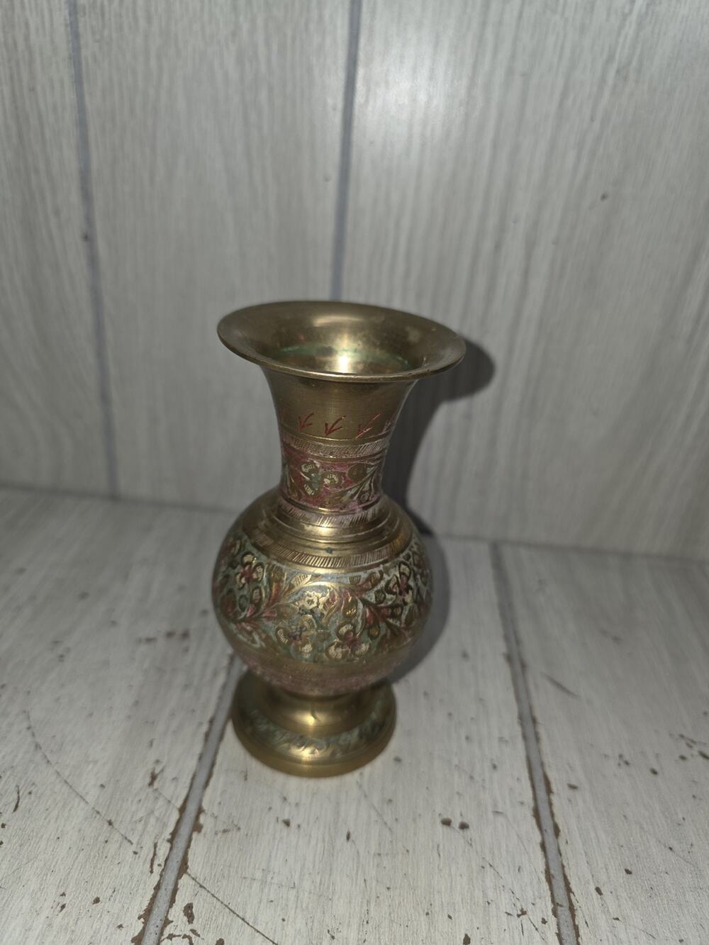 Vtg Antique Brass Vase Etched Handmade Painted Brass Vessel Natural Patina 5"